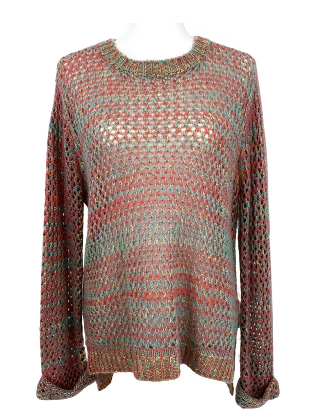 JJ Basics Sweater Pastel Open Knit High Low Style in Pink & Green Women's Medium